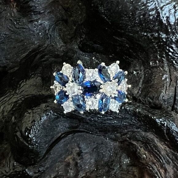 Large Statement Floral Cluster Ring Size 6 Blue Clear Silver Tone Prong Set - Picture 2 of 13